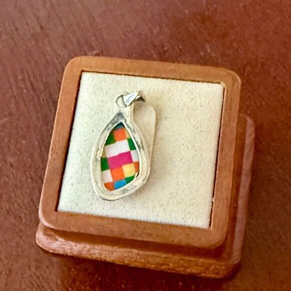 Stunning Aurora Opal Checkerboard Pendant Necklace 925 Sterling Silver Teardrop - Picture 6 of 7